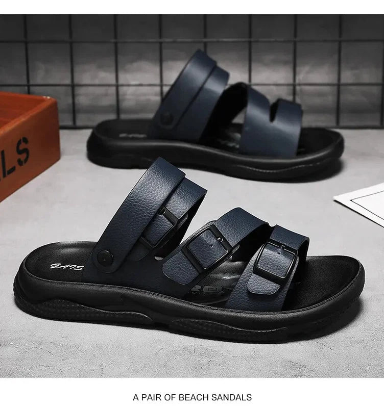 Summer Open Toe Slippers Sandals Hollow Out Faux Leather Men's Flats Beach Shoes