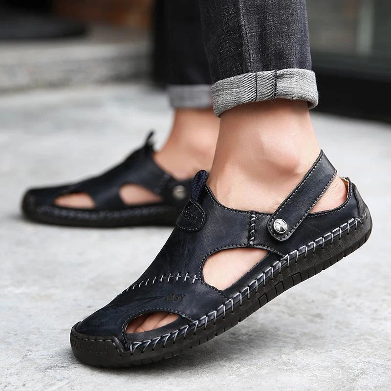 Summer Men Flat Non-slip Leather Sandals Casual Sports Beach Shoes Soft Slippers