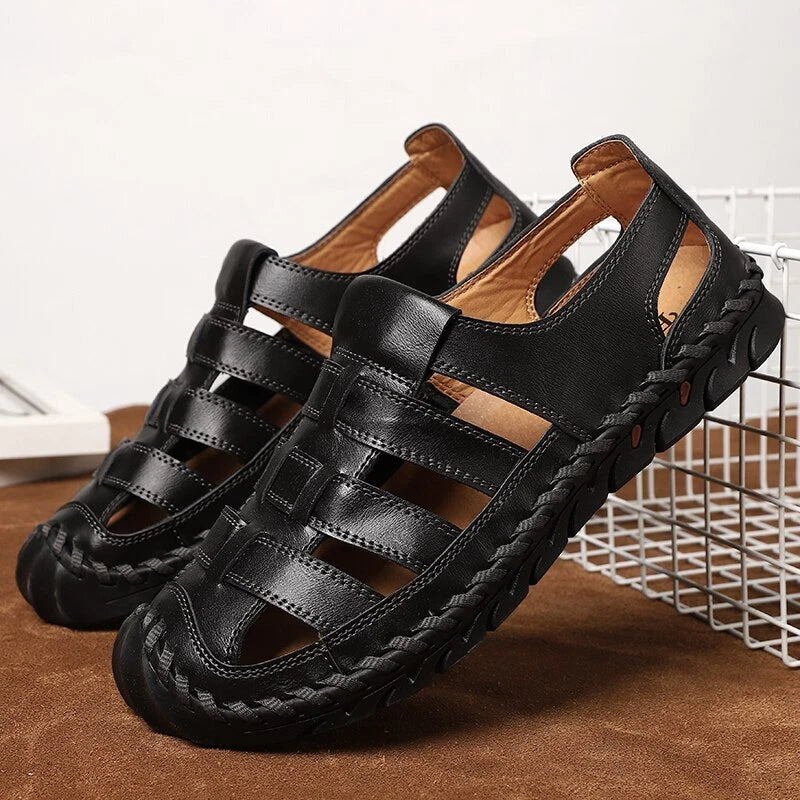 Men's Sandals Summer Soft Genuine Leather Flat Roman Sandals Beach Slippers