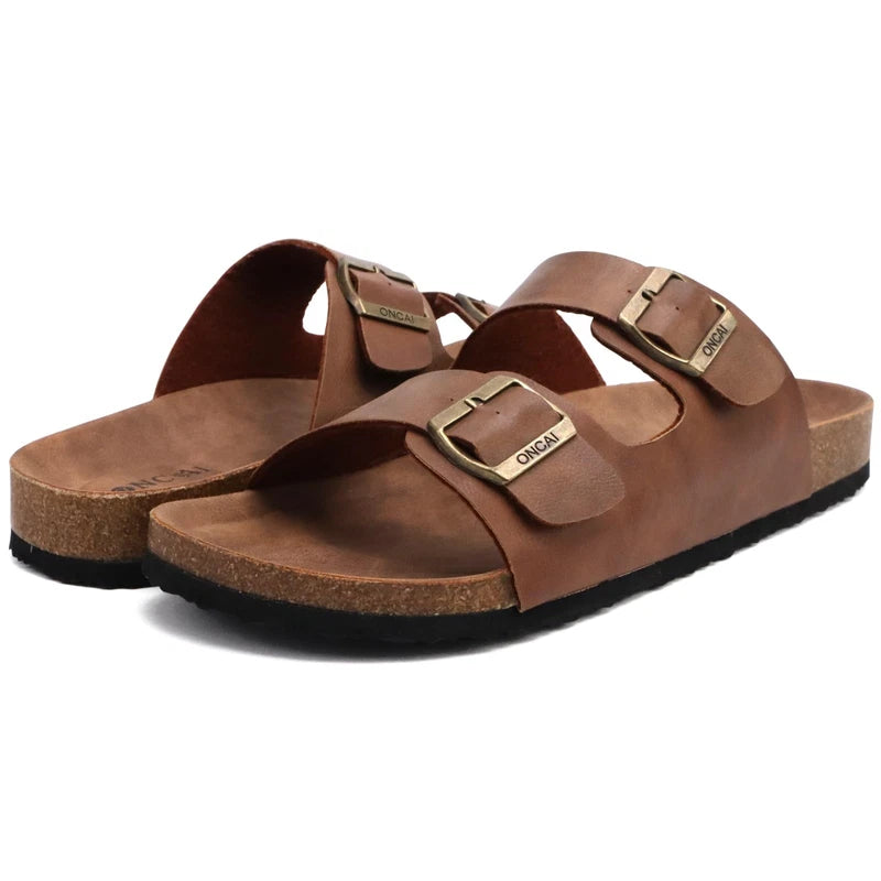 Men's Size 7-13 Beach Slides Sandals, Cork Footbed Slippers, Adjustable Straps