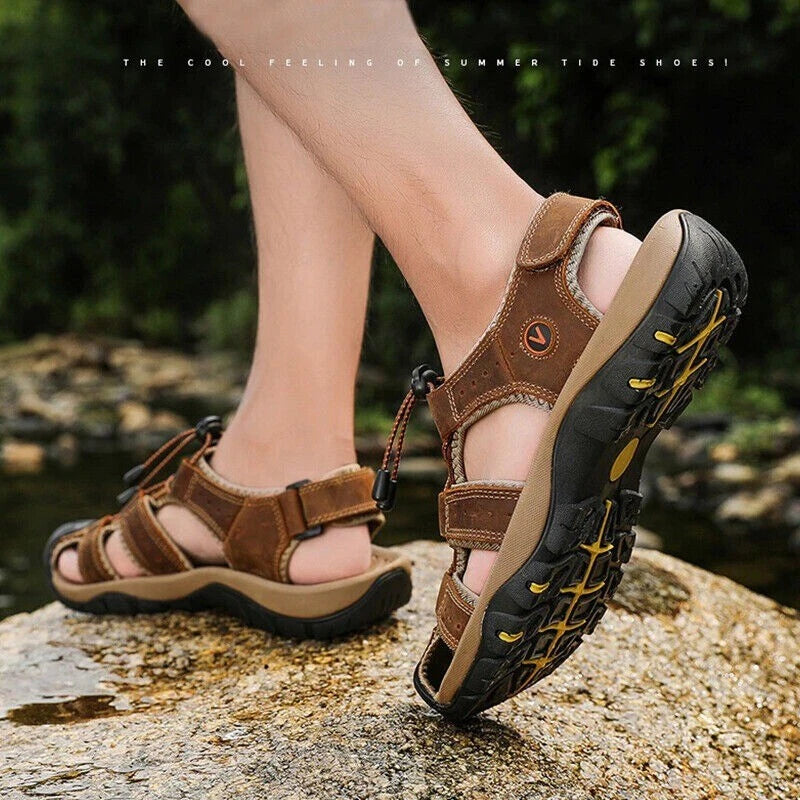 Summer Men's Leather Sandals Closed Toe Beach Nonslip Outdoor Sport Hiking Shoes