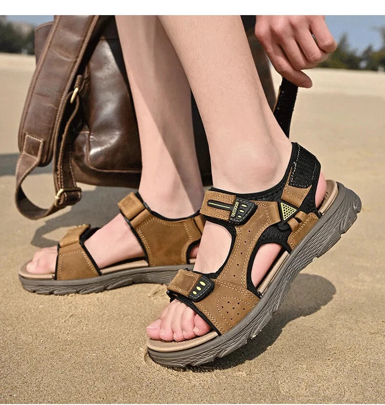 Summer Men Genuine Leather Sandals Classic Walking Shoes Outdoor Beach Slippers
