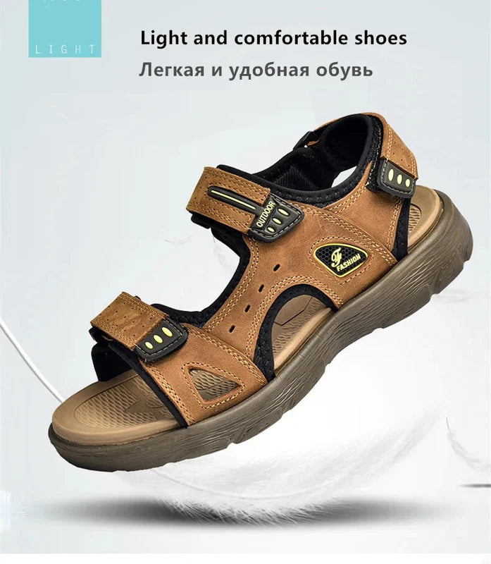 Summer Men Genuine Leather Sandals Classic Walking Shoes Outdoor Beach Slippers