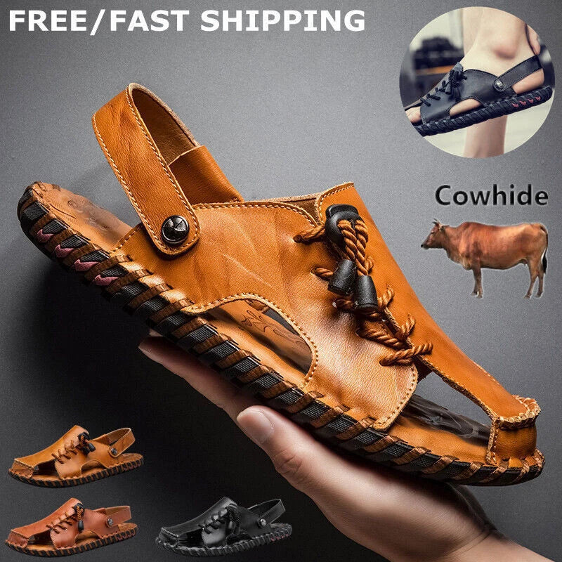 Mens Sports Soft Slippers Genuine Leather Beach Summer Shoes Casual Sandals