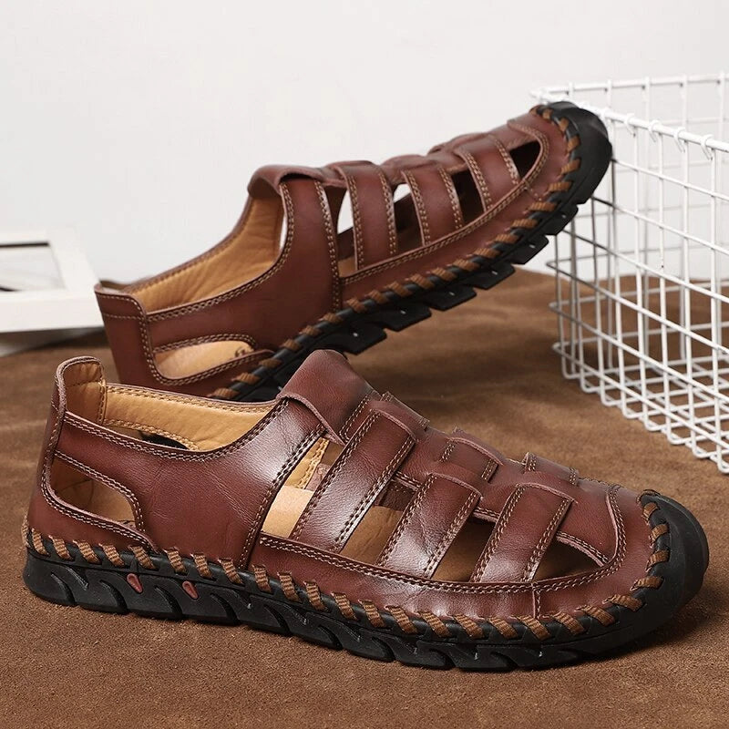 Men's Sandals Summer Soft Genuine Leather Flat Roman Sandals Beach Slippers