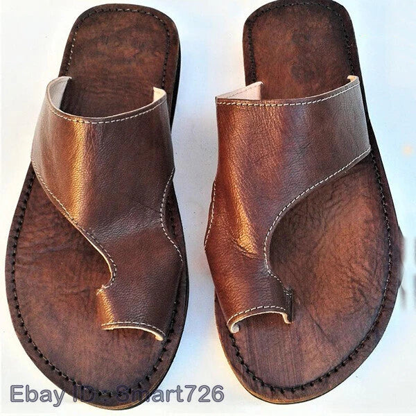 Mens Leather Sandals Shoes Beach Casual Summer Flip Flops Retro Flats Slippers
