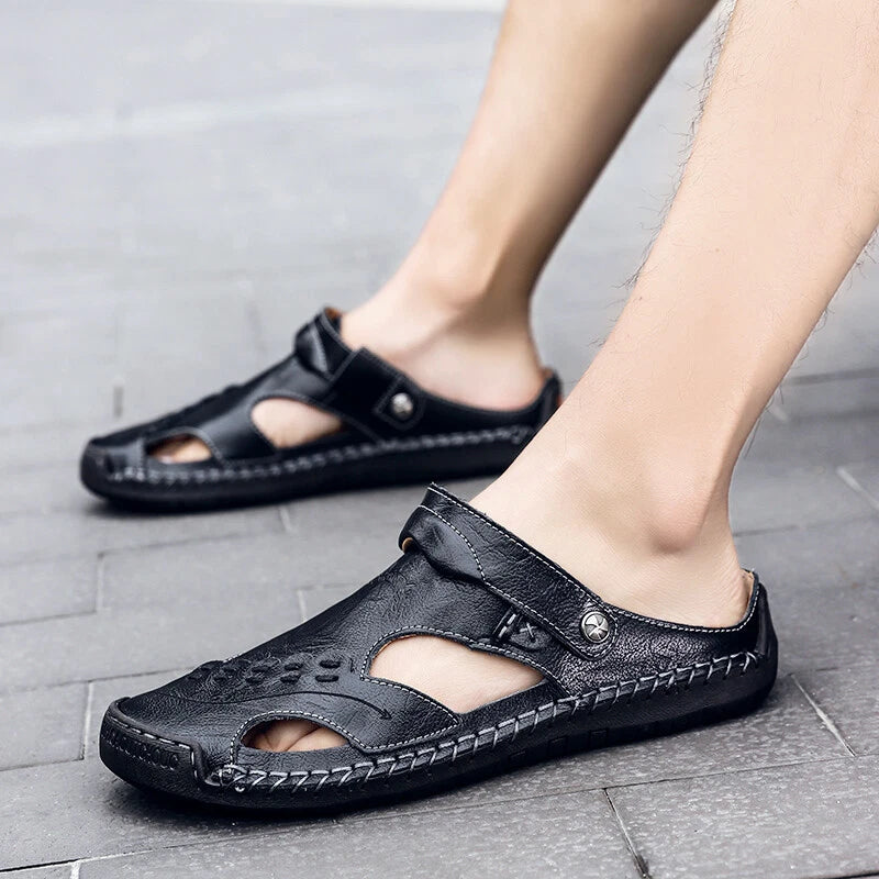 Summer Men's Sandals Leather Outdoor Soft Flat Sneakers Hollow Beach Slipper