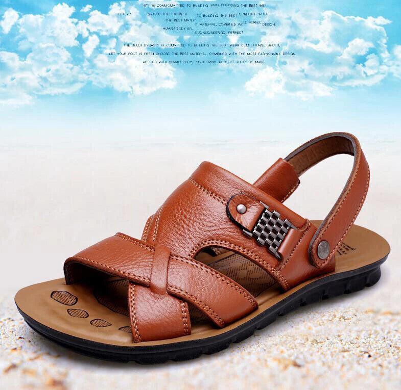Summer Men's Leather Sandals Adjustable Casual Slippers Beach Holiday Shoes Size