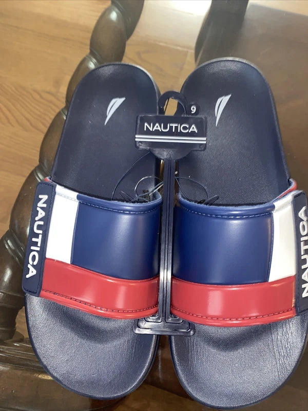 Nautica Bower Athletic Adjustable Slides Sandals, Mens Size 9, Navy White & Red