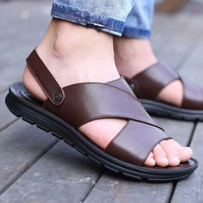 Summer Mens Sandals Brief-On Leather Comfortable Casual Beach Non-slip Slippers