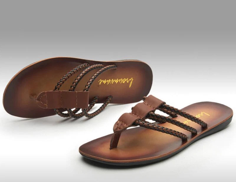 Summer Beach Men Leather Slipper Strappy Flat Roman Shoes Slingback Thong Sandal