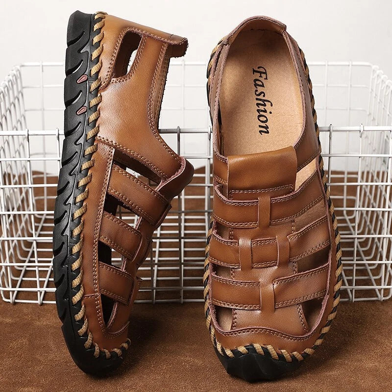 Men's Sandals Summer Soft Genuine Leather Flat Roman Sandals Beach Slippers