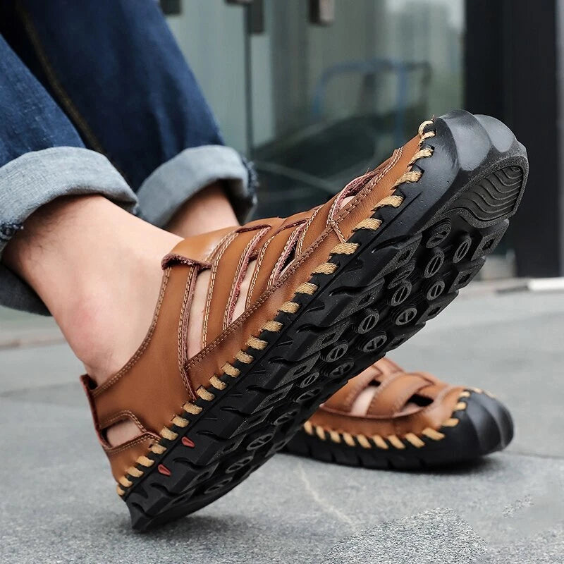 Men's Sandals Summer Soft Genuine Leather Flat Roman Sandals Beach Slippers