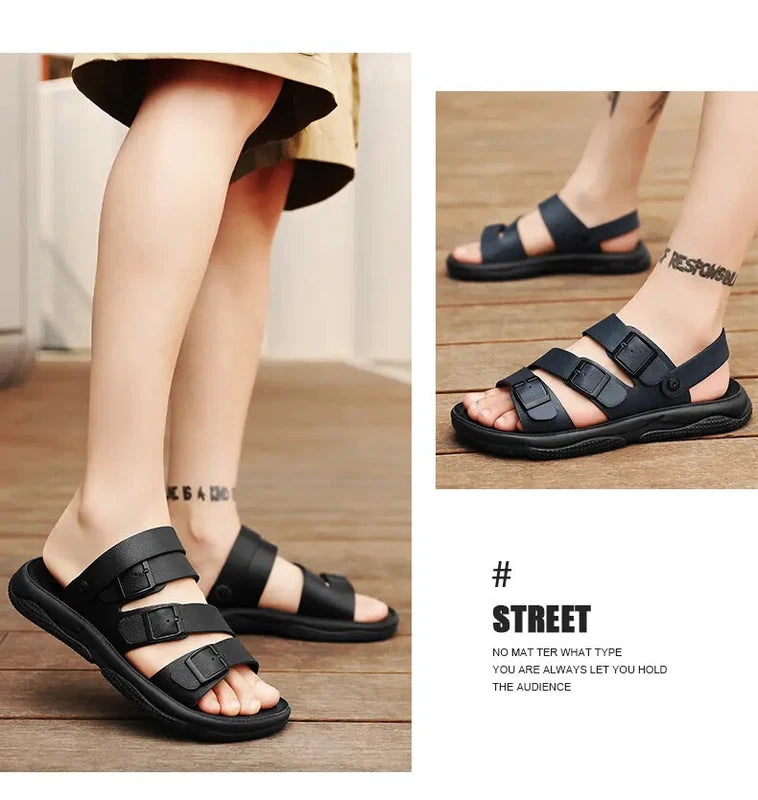 Summer Open Toe Slippers Sandals Hollow Out Faux Leather Men's Flats Beach Shoes