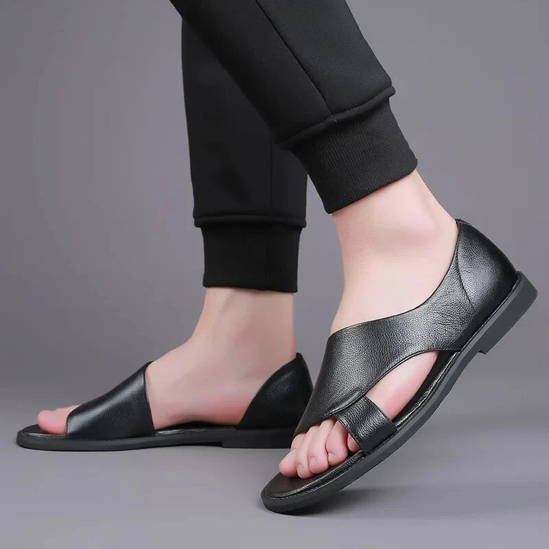 Summer Slippers Sandals Men Outdoor Flats Loafers Male Genuine Leather Hollow