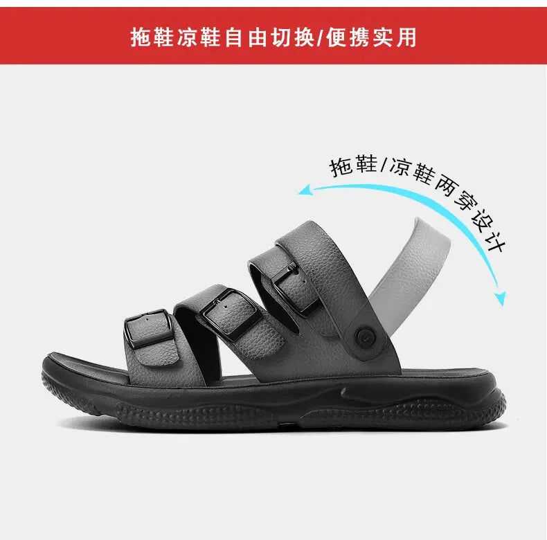 Summer Open Toe Slippers Sandals Hollow Out Faux Leather Men's Flats Beach Shoes