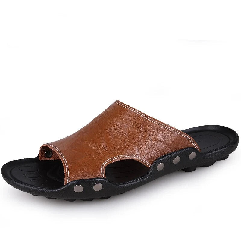 Genuine Leather Sandals Mens Slippers Flip Flops Beach Male Men Casual Open Toe