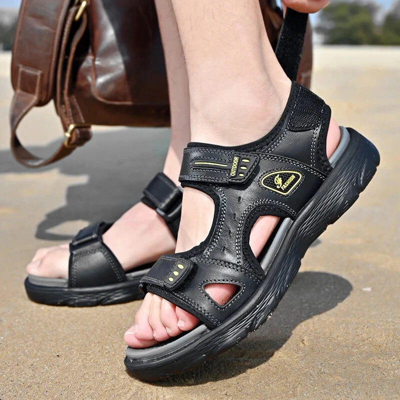 Summer Men Genuine Leather Sandals Classic Walking Shoes Outdoor Beach Slippers