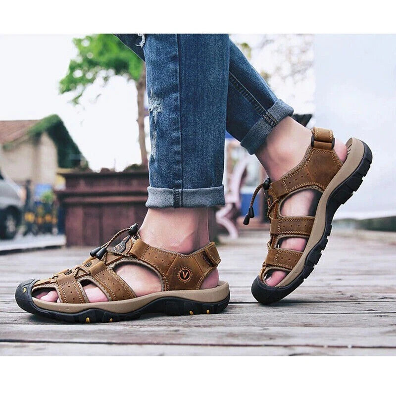 Summer Men's Leather Sandals Closed Toe Beach Nonslip Outdoor Sport Hiking Shoes