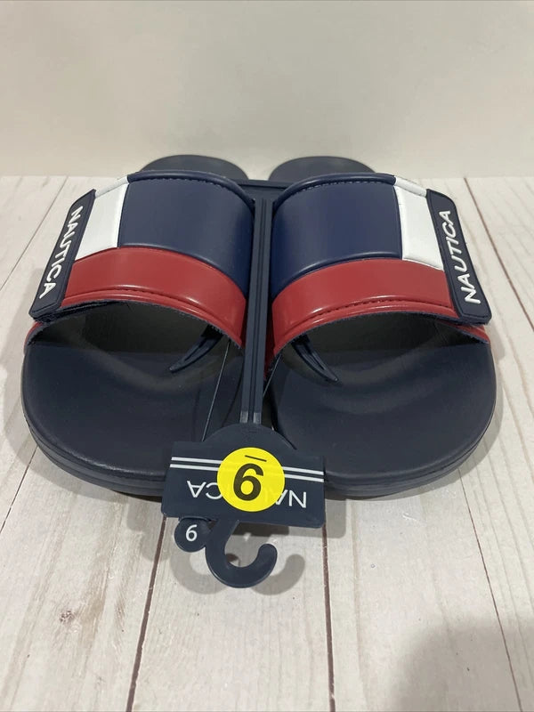 NWT Nautica Bower Athletic Adjustable Slides Sandals Mens Size 9 Navy White Red