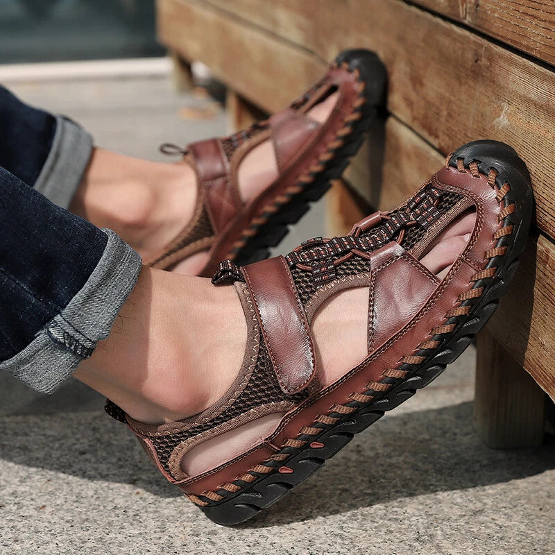 Genuine Leather Men Sandals Summer Casual Beach Slip on Slippers Outdoor Sneaker