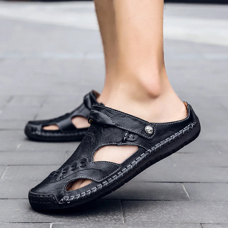Summer Men's Sandals Leather Outdoor Soft Flat Sneakers Hollow Beach Slipper