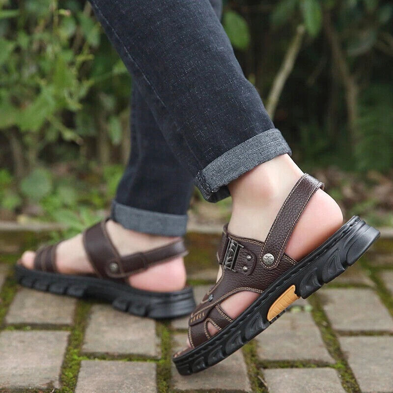 Mens Genuine Leather Sandals Summer Casual Sports Beach Shoes Soft Home Slippers
