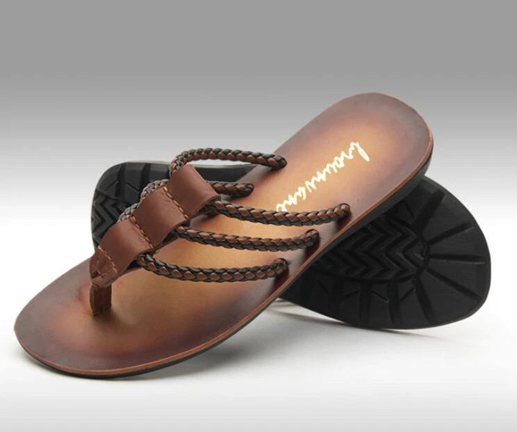 Summer Beach Men Leather Slipper Strappy Flat Roman Shoes Slingback Thong Sandal