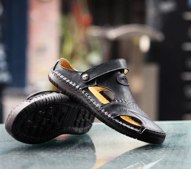 Summer Men Flat Non-slip Leather Sandals Casual Sports Beach Shoes Soft Slippers