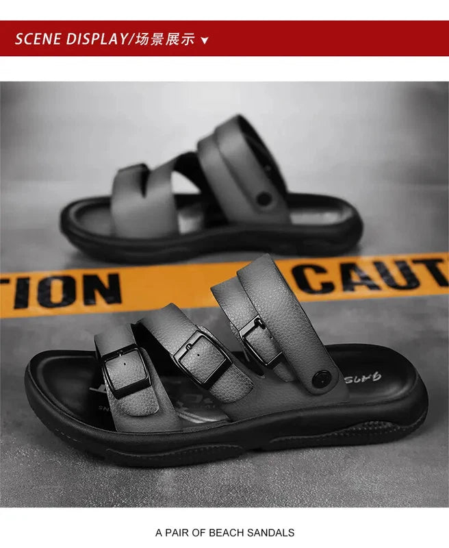 Summer Open Toe Slippers Sandals Hollow Out Faux Leather Men's Flats Beach Shoes