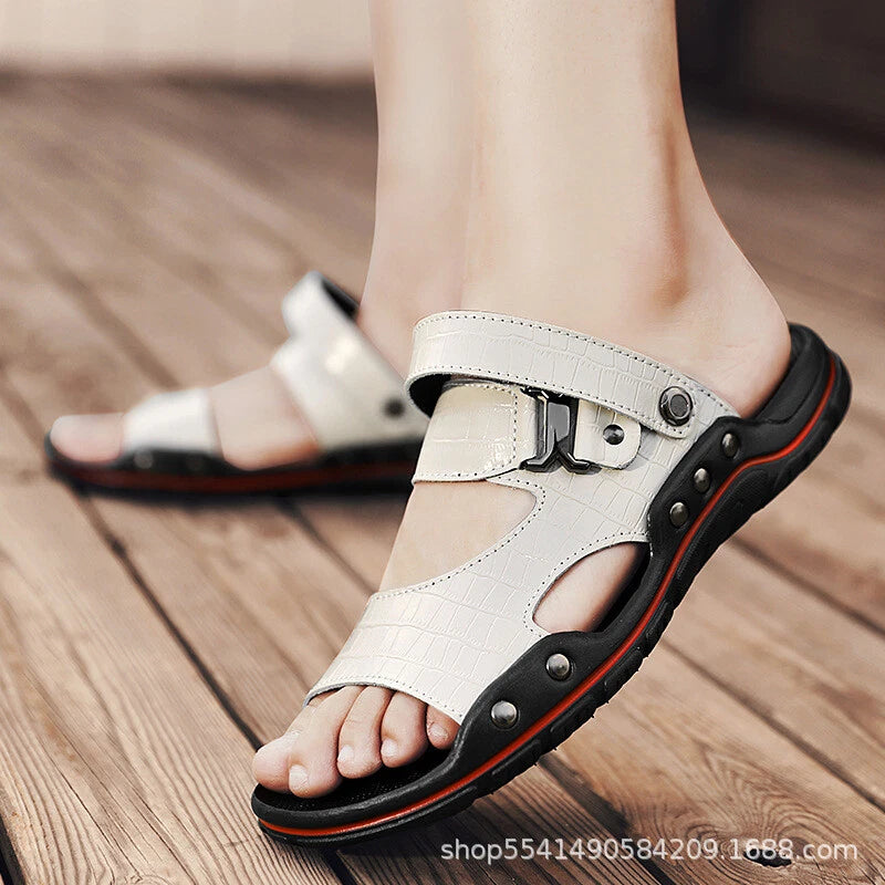 Summer Mens Beach Open Toe Driving Leather Flats Sandals Outdoor Casual Slippers