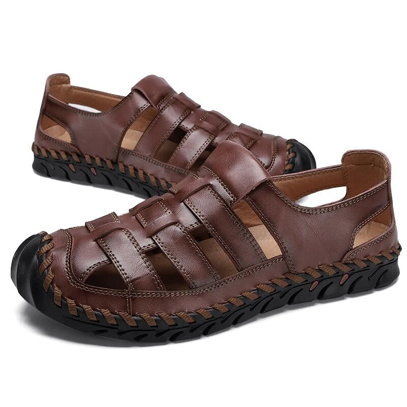 Men's Sandals Summer Soft Genuine Leather Flat Roman Sandals Beach Slippers