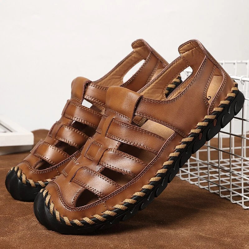 Men's Sandals Summer Soft Genuine Leather Flat Roman Sandals Beach Slippers