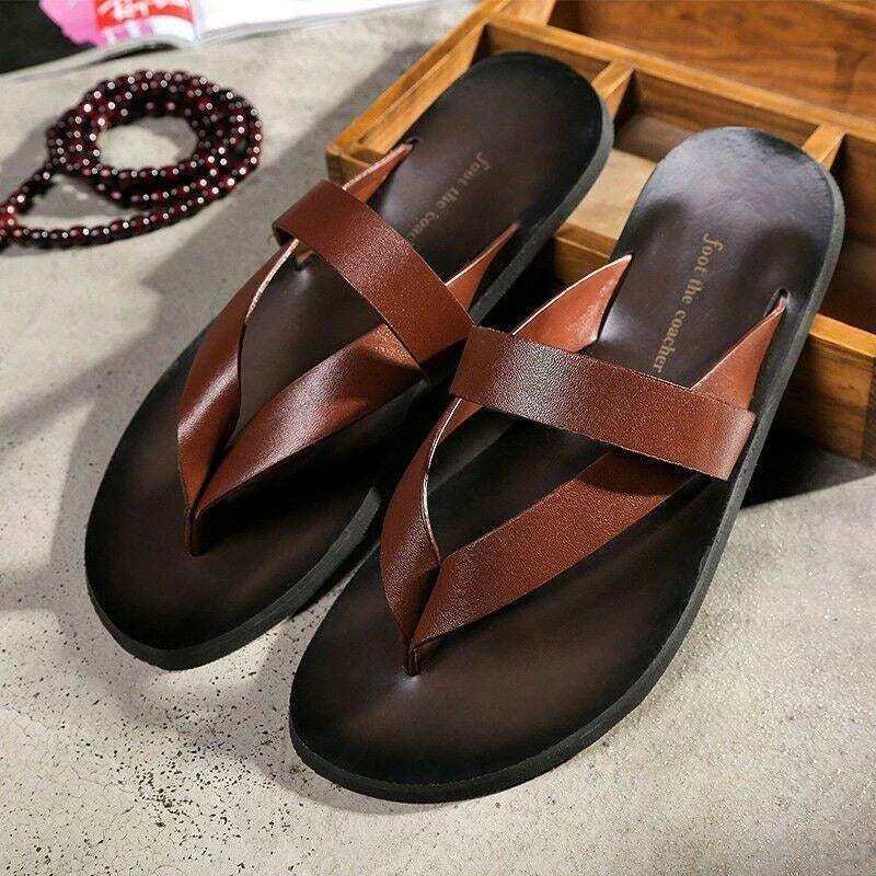 Summer Fashion Mens Beach Outdoor Leather Sandals Strap Shoes Anti-slip Slippers