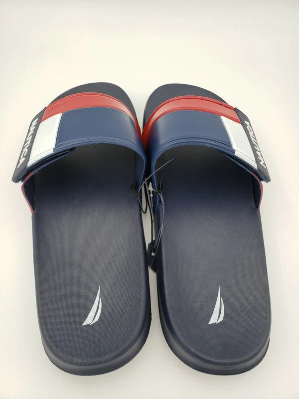 Nautica Bower Athletic Adjustable Slides Sandals, Mens Size 12, Navy White & Red