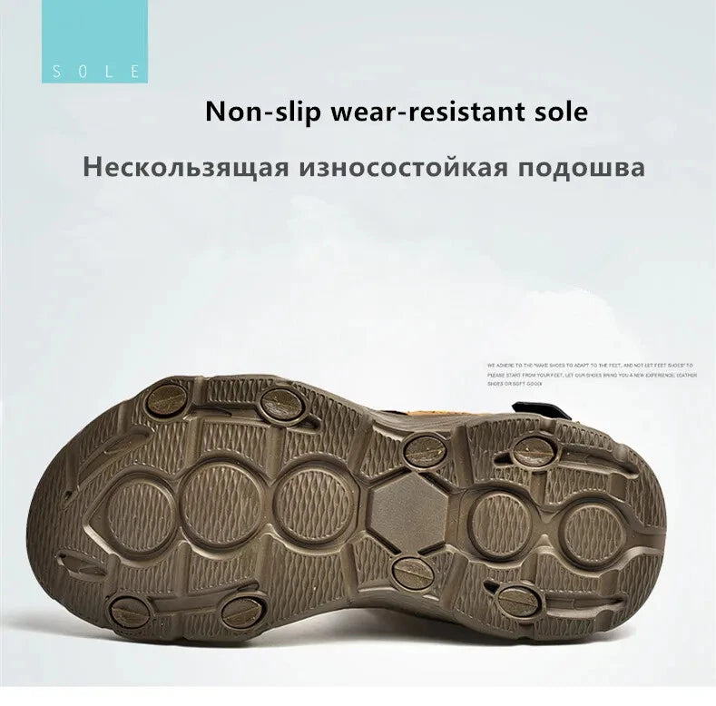 Summer Men Genuine Leather Sandals Classic Walking Shoes Outdoor Beach Slippers