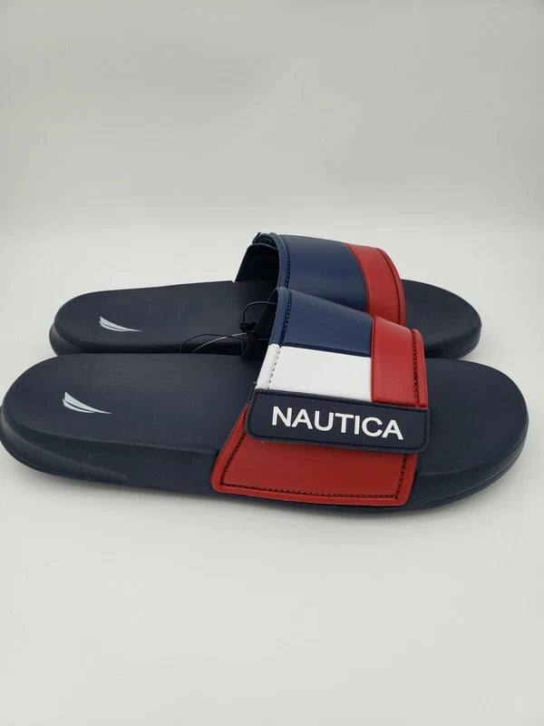 Nautica Bower Athletic Adjustable Slides Sandals, Mens Size 12, Navy White & Red