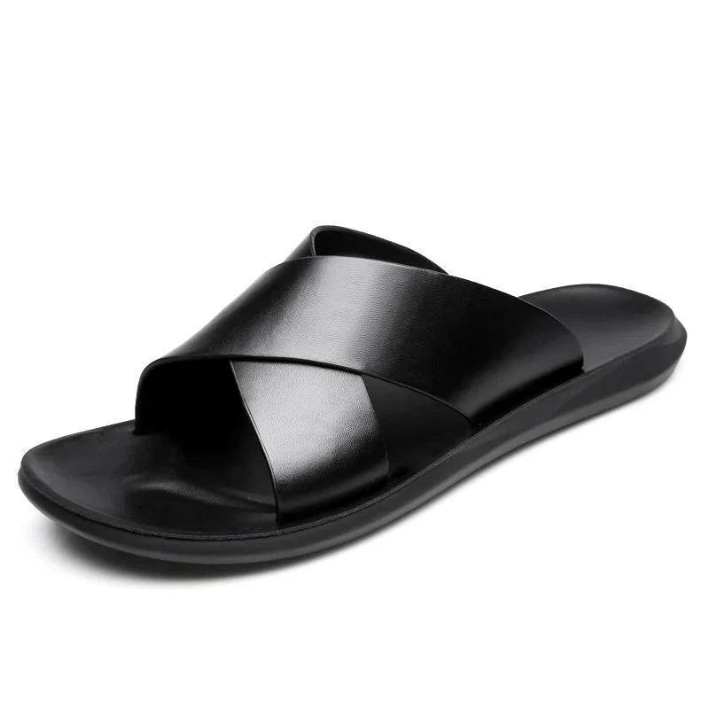 Mens Leather Flats Slip On Summer Casual Slippers Casual Beach Slides Shoes Size