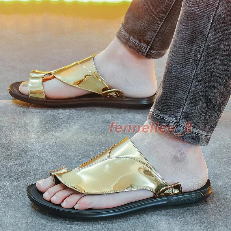 Roman Men's Flats Sandals Open Toe Slippers Leather Beach Shoes Fashion New