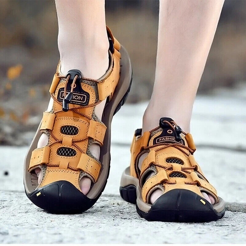 Summer Men's Leather Sandals Closed Toe Beach Nonslip Outdoor Sport Hiking Shoes