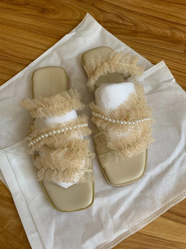 Retro lace pearl slippers women fashion flat beach sandal  36/6.5