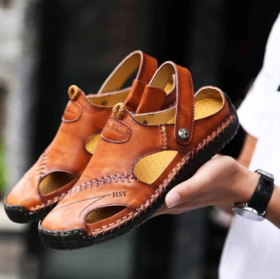 Summer Men Flat Non-slip Leather Sandals Casual Sports Beach Shoes Soft Slippers