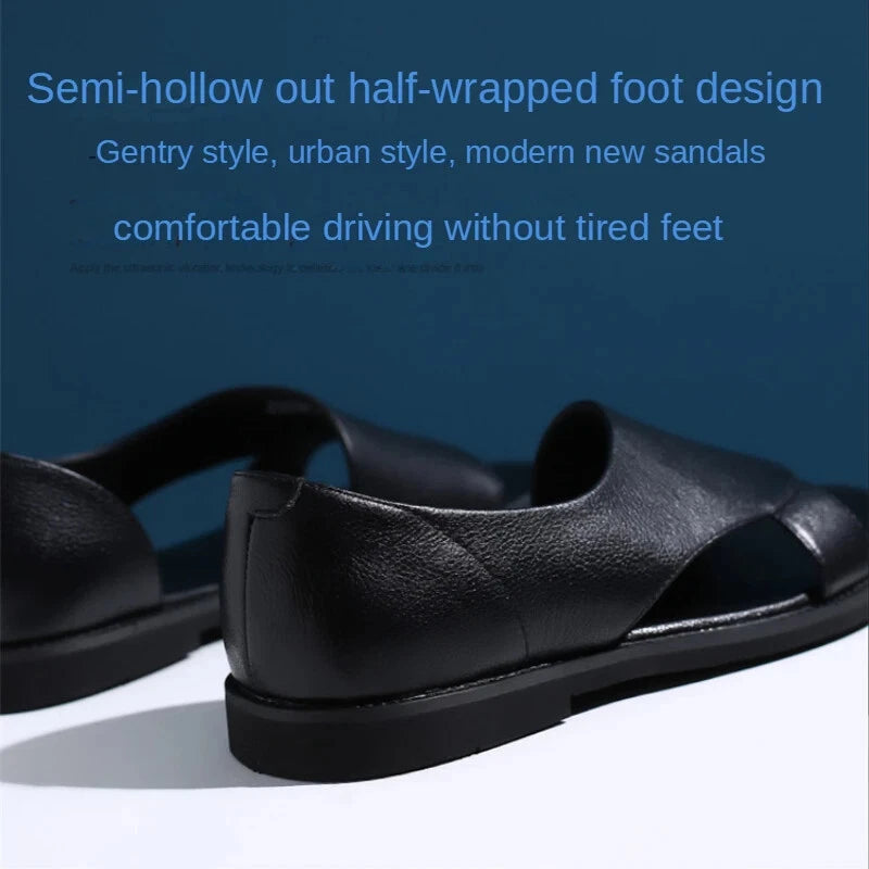 Summer Slippers Sandals Men Outdoor Flats Loafers Male Genuine Leather Hollow