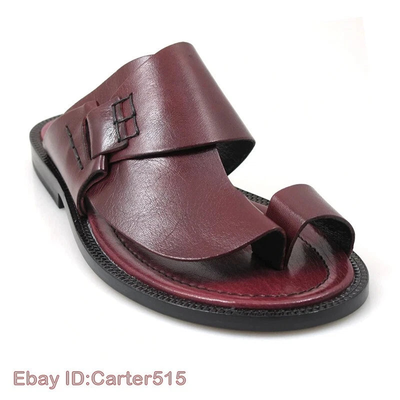 Summer Casual Mens Ring Toe Sandals Retro Hand Shoes Sewn Slippers Flats Beach