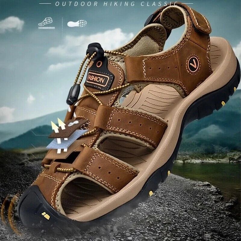 Summer Men's Leather Sandals Closed Toe Beach Nonslip Outdoor Sport Hiking Shoes